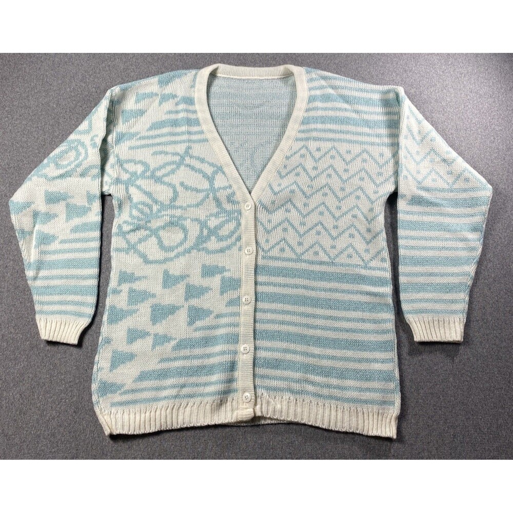 Cardigan Sweater Vintage 80s Womens White/blue Fun Retro Sparkle V Neck